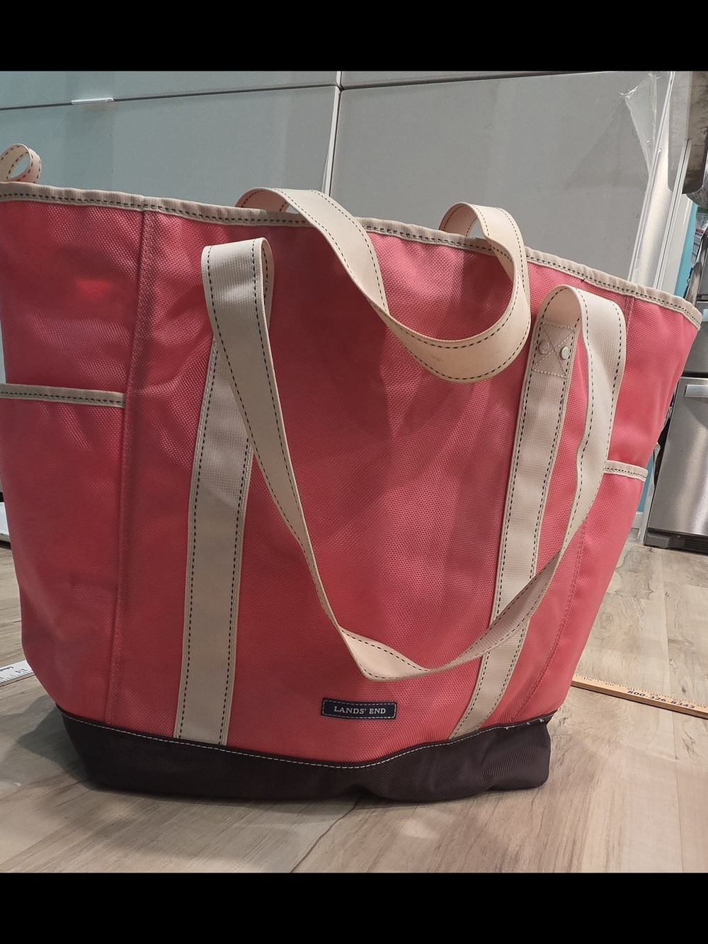 Lands' End Coral Tote with Cream Trim and Brown Base